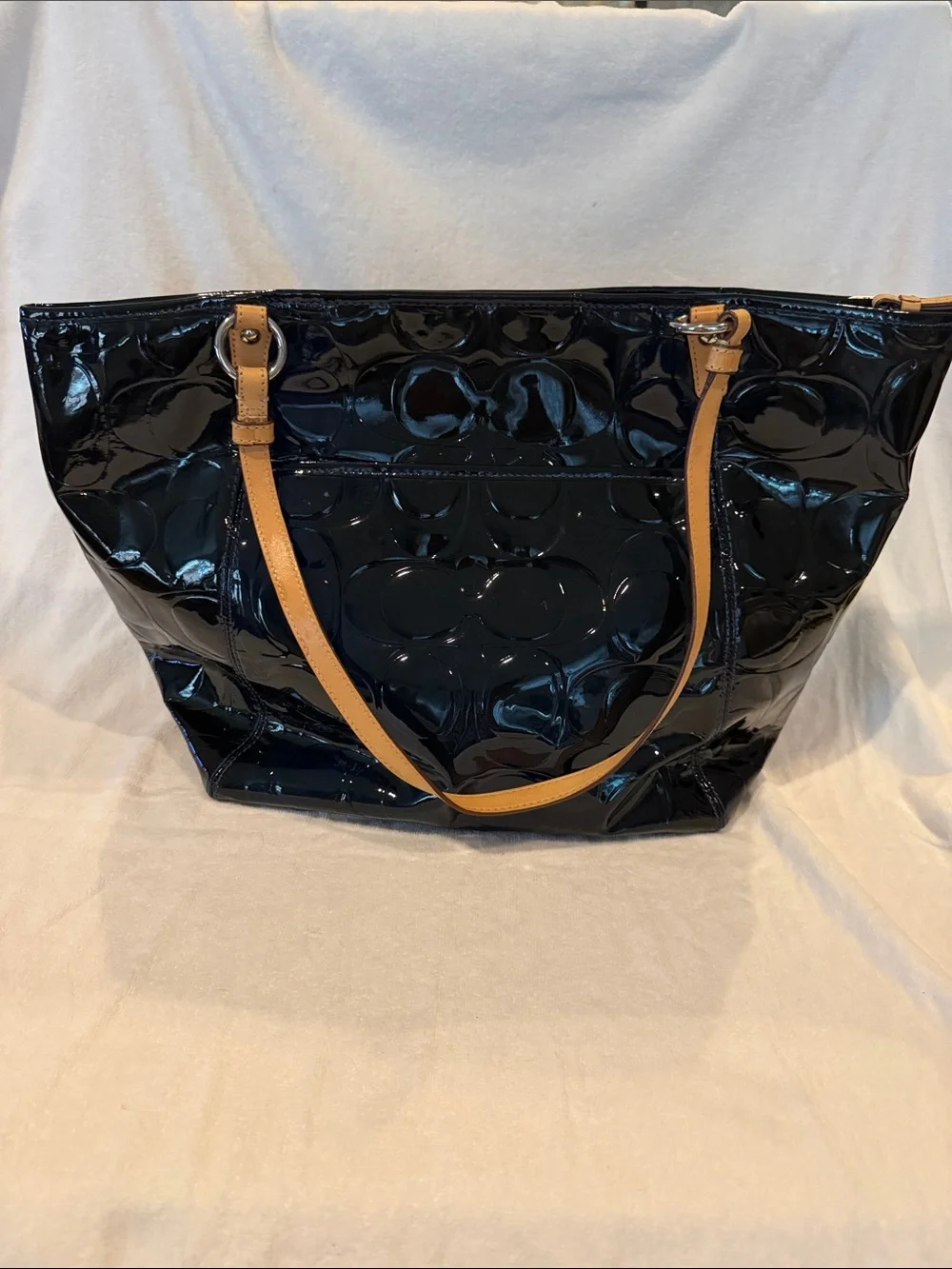 Coach Patent Leather Tote in Navy Blue with Tan Straps